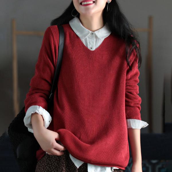 Loose-Fitting V-Neck Pullover Sweater Knitting Oversized Sweater