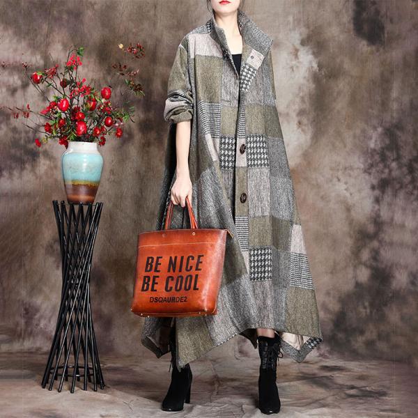 Stand Collar Woolen Checkered Coat Asymmetrical Winter Outerwear