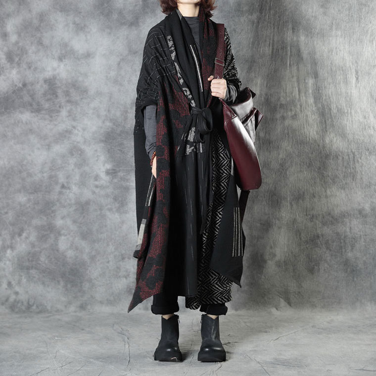 Plus Size Asymmetrical Black Long Coat Wool Printed Designer Wrap Coat ...
