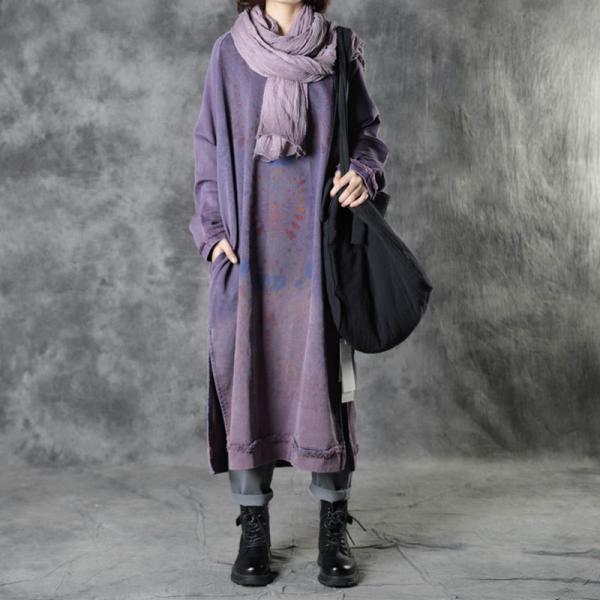 Totem Pattern Cotton Long Dress Womens Fringed Sweatshirt Dress