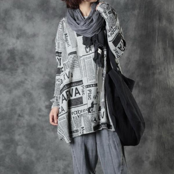 Newspaper Lookalike Letter Pullover Sweater Wool Blend Tunic Sweater