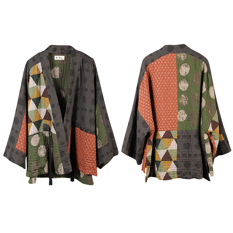 Japanese Style Dotted Quilted Coat Cotton Linen Kimono Jacket in 2 1