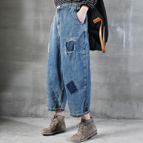 Street Fashion Patchwork 90s Mom Jeans Denim Ripped Cropped Jeans