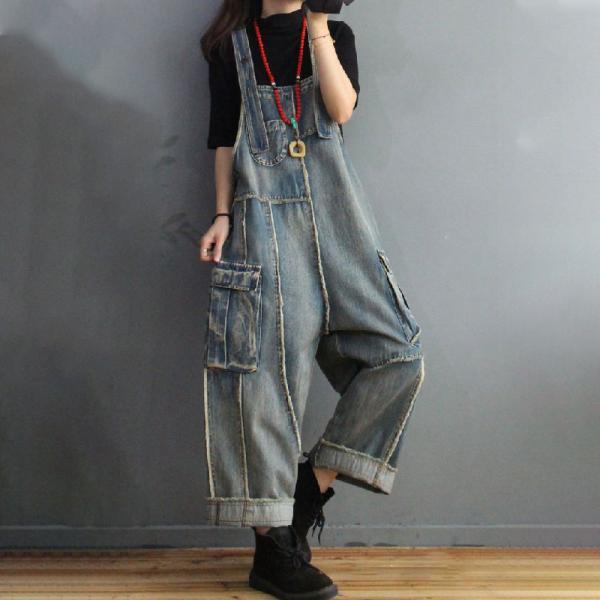 BF Style Fringed Light Wash Overalls Flap Pockets Jean Dungarees