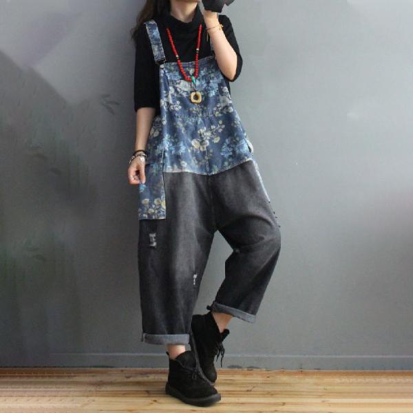 Blue Printing Contrast Dungaree Overalls Denim Ripped Bib Overalls