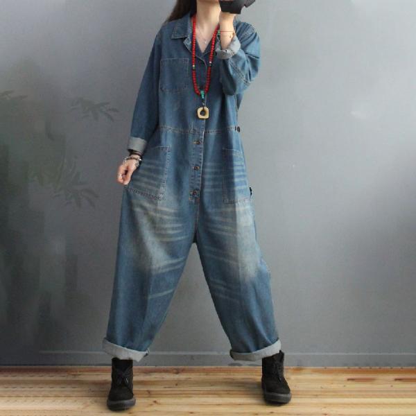 Button Down Long Sleeve Coveralls Stonewash Large Jean Jumpsuits
