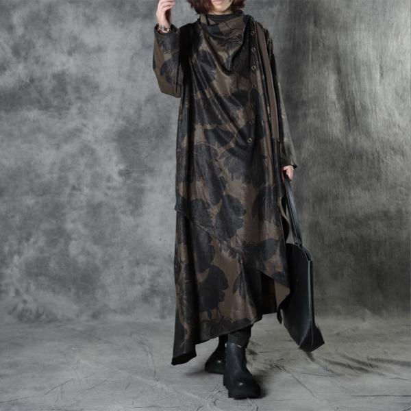 Asymmetrical Black Printed Waterfall Dress Cozy Suede Designer Dress