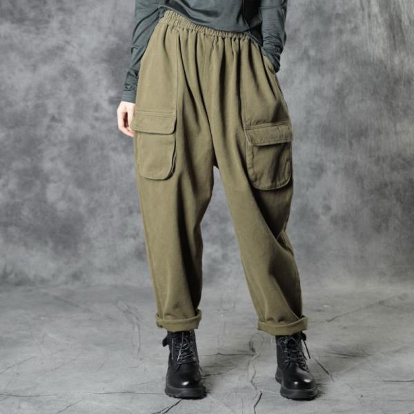 Army Green Flap Pockets Baggy Pants Cotton Tapered Cargo Pants in Army