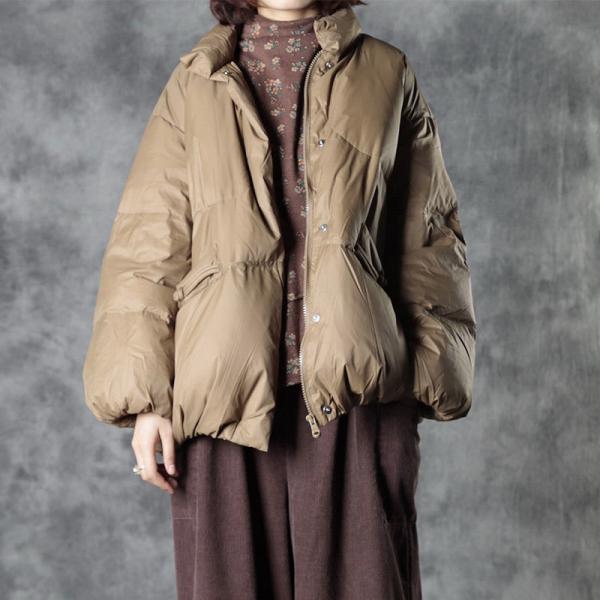 Dark Khaki Womens Duck Down Coat Front Zip Loose Padded Coat