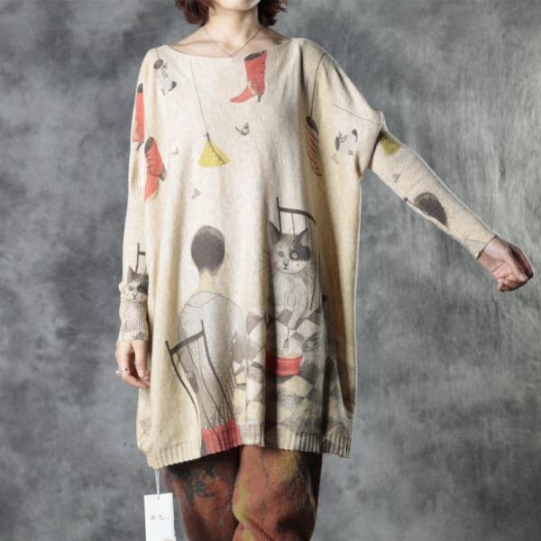 Cute Cat Long Sleeve Tunic Sweater Loose Knitting Wool Clothes