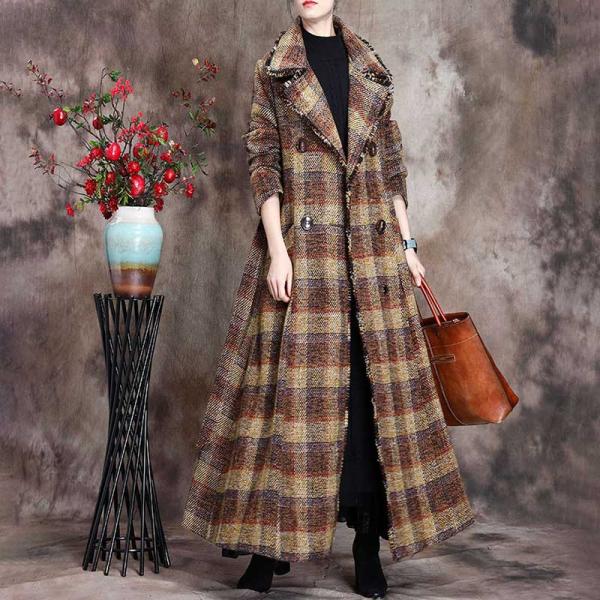 French Style Long Checkered Coat Turn-Down Collar Tied Wool Coat