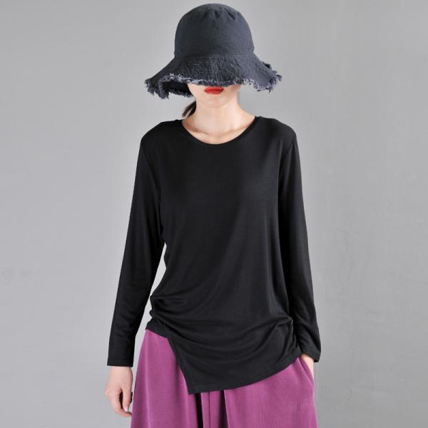 Casual Style Cotton T-shirt Asymmetric Long Sleeve Black Tee