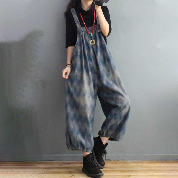 Blue Printed Light Wash Jean Overalls Baggy Backless Vintage Dungarees