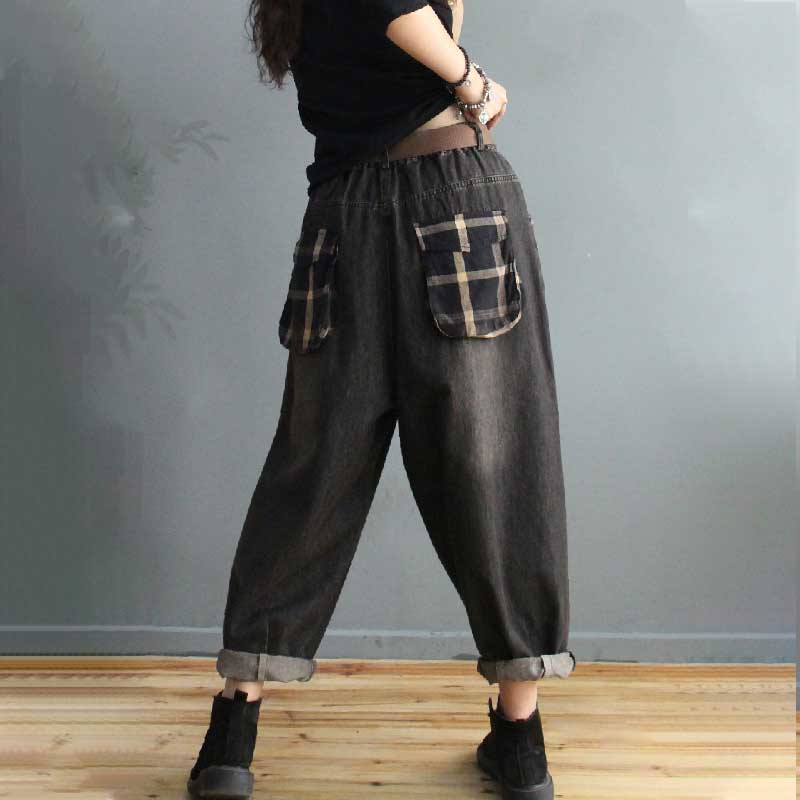 Checkered Patchwork Dad Jeans Plus Size Denim Pants for Women in Blue ...