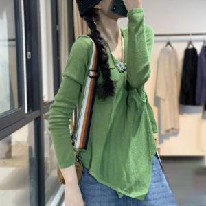 Long Sleeve V-Neck Knitwear Belted Solid Color Short Cardigan
