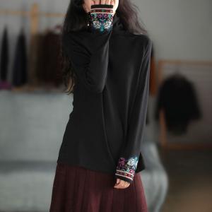 Embroidered Sleeves Turtleneck T-shirt Casual Cotton Folk Tee