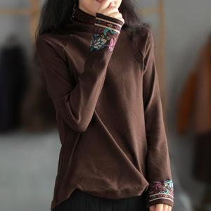 Embroidered Sleeves Turtleneck T-shirt Casual Cotton Folk Tee