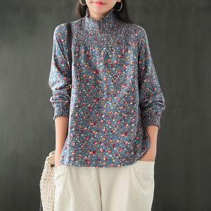 Loose-Fit Cotton Floral Tshirt Turtleneck Long Sleeve Base Shirt