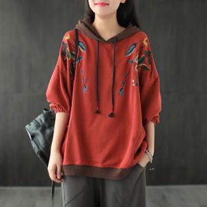Puff Sleeve Flowers Embroidered Hoodie Oversized Hooded T-shirt