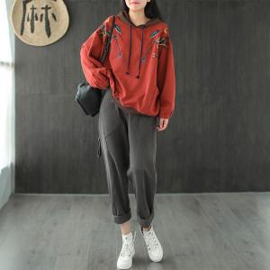 Puff Sleeve Flowers Embroidered Hoodie Oversized Hooded T-shirt