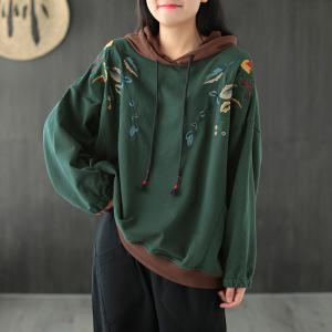 Puff Sleeve Flowers Embroidered Hoodie Oversized Hooded T-shirt