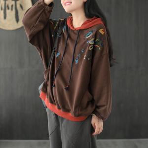 Puff Sleeve Flowers Embroidered Hoodie Oversized Hooded T-shirt