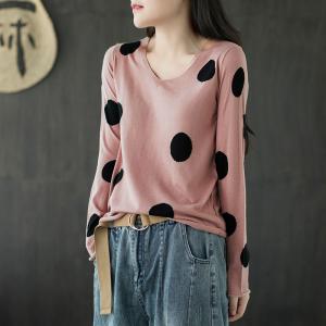 V-Neck Polka Dot Sweater Wool Blend Cute Knitwear