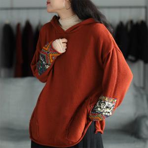 Folk Style Large Printed Hoodie Cotton Blend Tunic Sweater