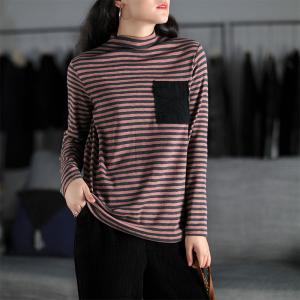 Black Chest Pocket Striped Tshirt Cotton Casual Cozy Tee