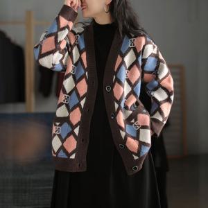 Colorful Rhombus Knitting Cardigan Contrast Color Oversized Granny Outerwear