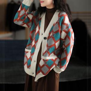 Colorful Rhombus Knitting Cardigan Contrast Color Oversized Granny Outerwear