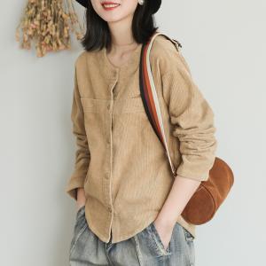 Button Fly Womens Corduroy Shirt Crew Neck Oversized Jacket