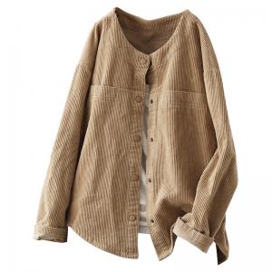 Button Fly Womens Corduroy Shirt Crew Neck Oversized Jacket