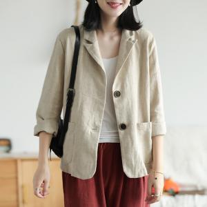 Straight Pockets Oversized Blazers Casual Ramie Blazer for Women
