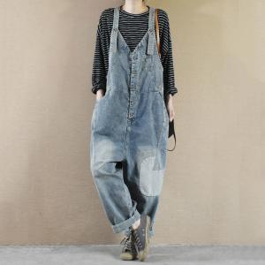 V-Neck Button Fly Plus Size Overalls Patchwork Womens Jean Dungarees
