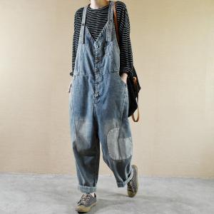 V-Neck Button Fly Plus Size Overalls Patchwork Womens Jean Dungarees