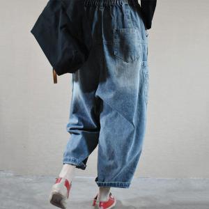 Pocket Decoration Denim Ulzzang Outfits Relax-Fit Blue Cuffed Jeans