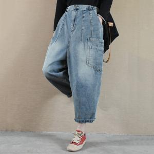 Pocket Decoration Denim Ulzzang Outfits Relax-Fit Blue Cuffed Jeans