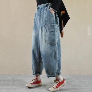 Pocket Decoration Denim Ulzzang Outfits Relax-Fit Blue Cuffed Jeans