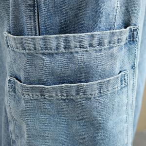 Pocket Decoration Denim Ulzzang Outfits Relax-Fit Blue Cuffed Jeans