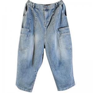 Pocket Decoration Denim Ulzzang Outfits Relax-Fit Blue Cuffed Jeans