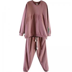 Casual Style Embroidered Sweatshirt with Cotton Loose Pant Sets