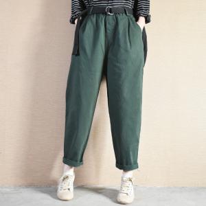 Elastic Waist Cotton Cargo Pants Solid Color Tapered Pants