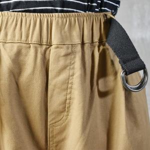 Elastic Waist Cotton Cargo Pants Solid Color Tapered Pants