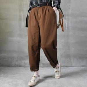 Elastic Waist Cotton Cargo Pants Solid Color Tapered Pants