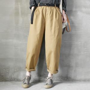 Elastic Waist Cotton Cargo Pants Solid Color Tapered Pants