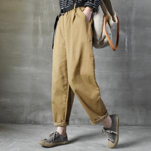 Elastic Waist Cotton Cargo Pants Solid Color Tapered Pants