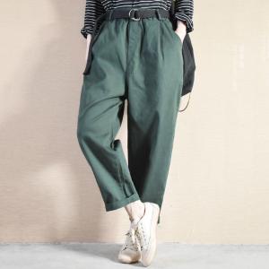 Elastic Waist Cotton Cargo Pants Solid Color Tapered Pants