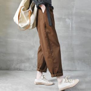 Elastic Waist Cotton Cargo Pants Solid Color Tapered Pants