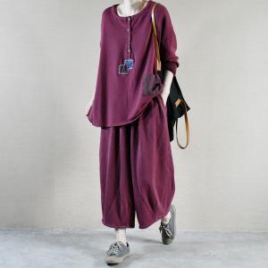 Embroidered Patchwork Oversized Tee with Cotton Wide Leg Pants